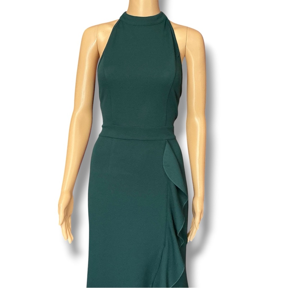 Sleeveless Hunter Green Halter Ruffle Front Evening Dress - Picture 3 of 14